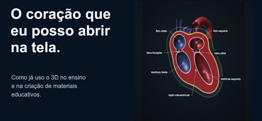 Modelo didático em corte das quatro câmaras do coração, com rótulos anatômicos. INOVAMED — uso de 3D no ensino médico.
