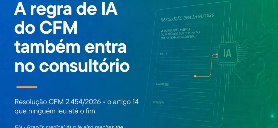 Capa: A regra de IA do CFM também entra no consultório — Resolução CFM 2.454/2026, artigo 14 / Brazil's medical AI rule also reaches the private office