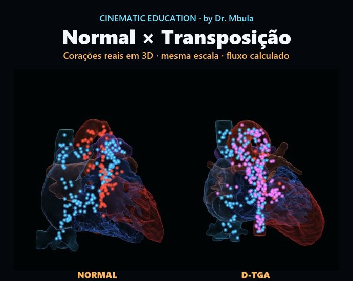 Dois corações reais de crianças em 3D, de vidro, com partículas de sangue: à esquerda um coração normal, à direita uma transposição das grandes artérias